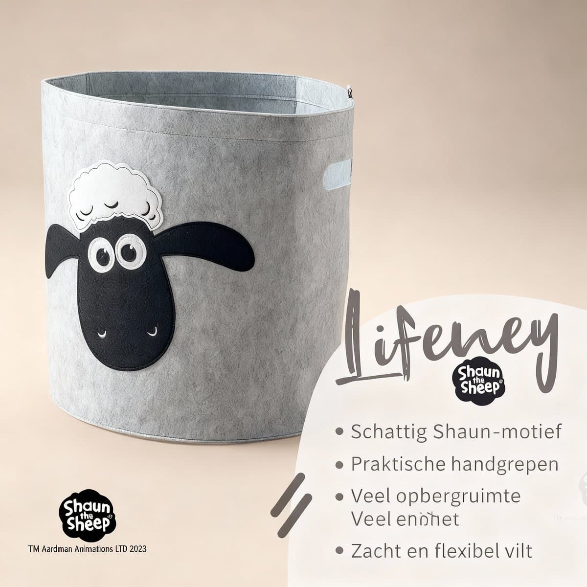 Vuilnismand grijs vilt met schaapshoofd motief Lifeney Shaun het schaap — afbeelding 1
