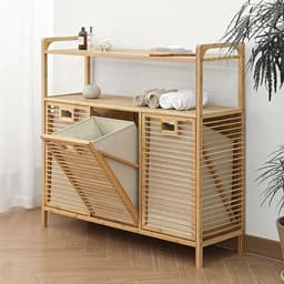 Grote Bamboe Wasmand - Kast Met Bakken - Kleding Sorteren - Uitneembare Stoffen Bakken - 97x30x72cm - Natuurlijk Bamboe — thumbnail 1