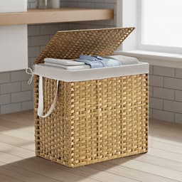 SONGMICS - Wasmand - Wasmand met 2 Vakken - Opvouwbare Rattan Mand met Deksel en Handgrepen - Uitneembare Waszak — thumbnail 4