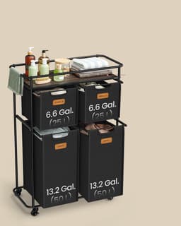 VASAGLE RLS100B01 - Wasmand met Wielen - 4 Afneembare Tassen - Met Opbergrek en 6 Labels — thumbnail 4