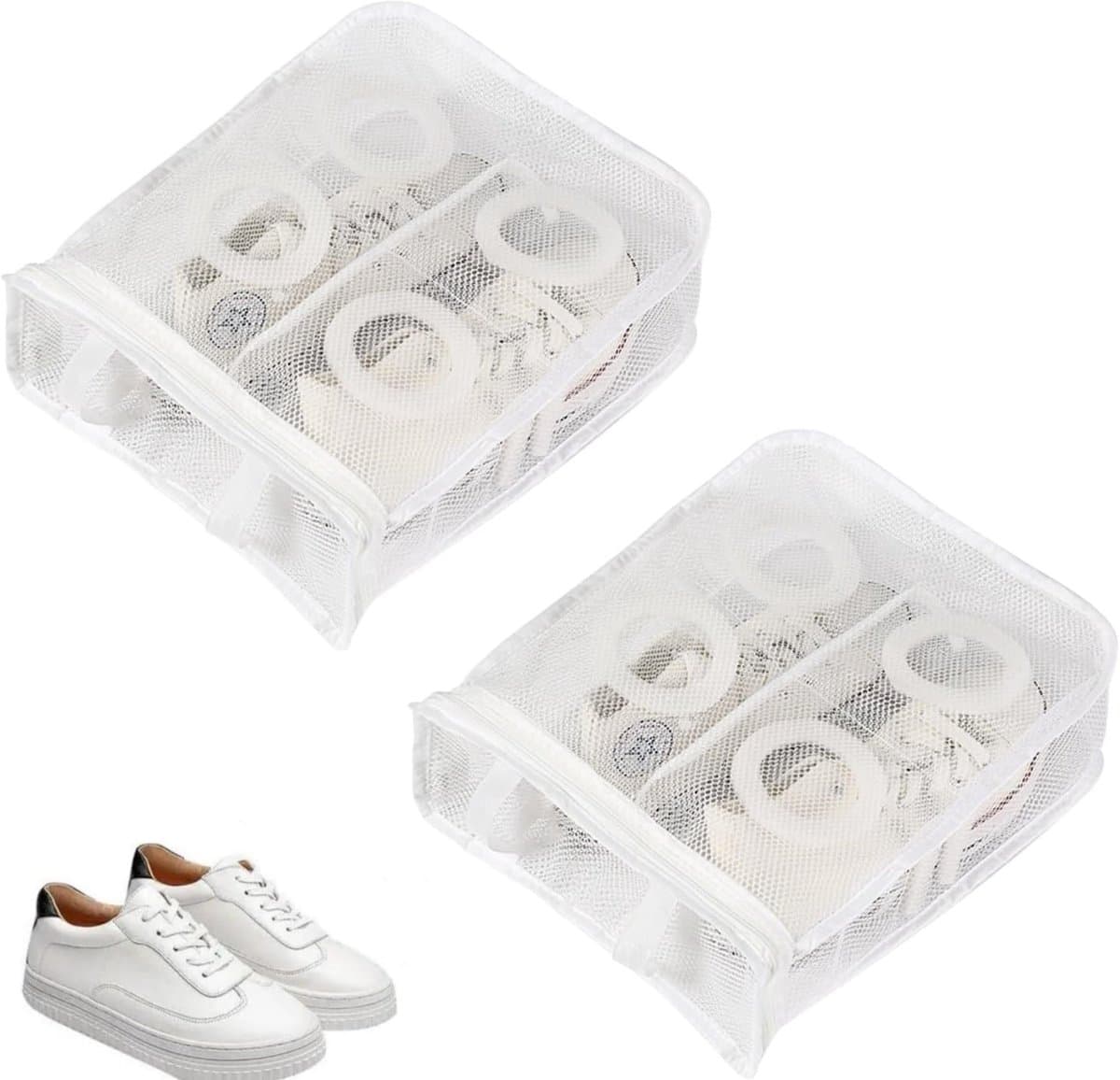 2 stuks - Net waszak - Wasmachine schoenenzak - Wasmachine schoenenzak voor sneakers - Herbruikbare schoenenzak met rits - Vierkante schoenenzak - Hangende waszak - Geschikt voor sneakers, slippers, kleding (wit) — afbeelding 1