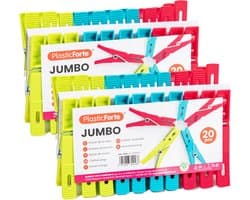 Plasticforte Wasknijpers XL formaat - 40x stuks - felle kleuren mix - kunststof - 10 cm - Was ophangen
