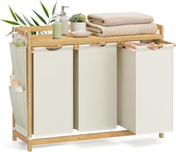 Furnstar wasmand - 3 vakken - Bamboe - Wasverzamelaar 150 l - Wassorteerder met plank -Waszak - Kleine zijzakken - 3 x 50 l 94 x 33 x 78 cm - Crèmewit — thumbnail 1