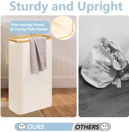 ROSOS Wasmand met deksel, 65L opvouwbare smalle wasmand met uitneembare waszak, slanke wasmand beige, wasverzamelaar met deksel en bamboe handvat, smalle en hoge wasmand met deksel — thumbnail 5