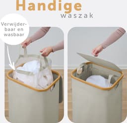 Blumtal Wasmand 100L - Wasmand met uitneembare waszak - Smalle wasmand - Flesverzamelaar - Wasmand met deksel - Beige — thumbnail 2