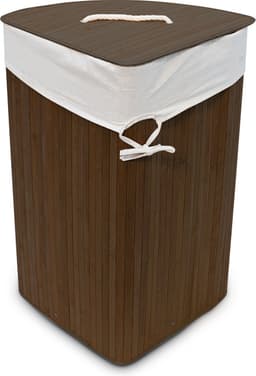 3x wasmand hoekmodel bamboe - 60 liter - deksel - wasbox - driehoekig - bruin — thumbnail 5