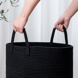 PolkaHome Wasmand Groot 58L - Opvouwbare Katoenen Opbergmand met Handvatten voor Badkamer, Woonkamer en Kinderkamer - Zwart — thumbnail 5