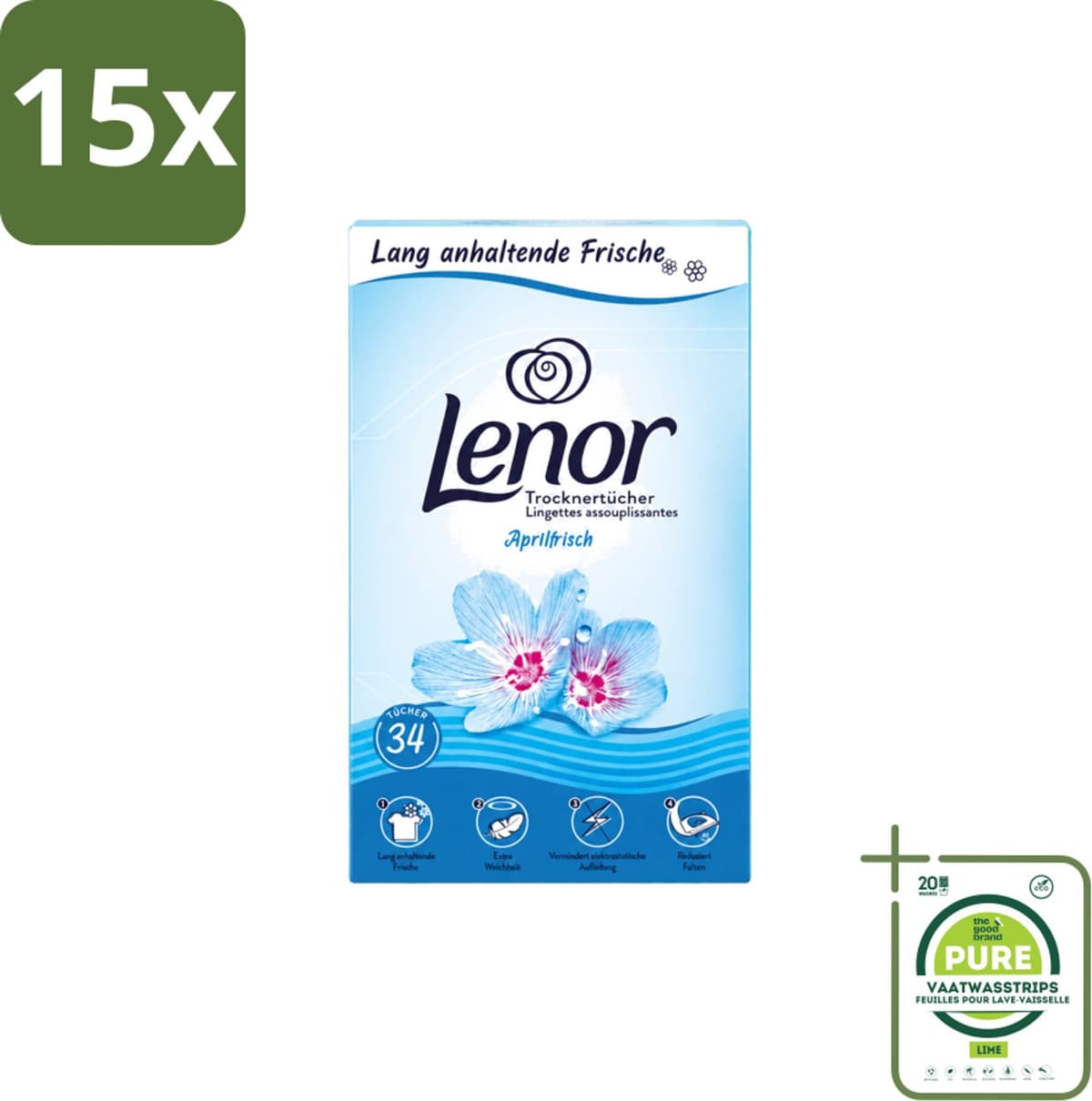 15 x Lenor - Droogtrommeldoekjes - Aprilfris - Textielverfrisser - 34 Doekjes - Grootverpakking - Vaatwasstrips - Droogtrommeldoekjes - Frisheid - Wasdoekjes - Statische Elektriciteit - Wasgoed — afbeelding 1
