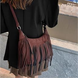 Vegan suède crossbodytas met franjes voor dames – vintage boho-hippie hobo-schoudertas met kwastjes – retro western-cowgirlhandtas voor reizen, festivals, concerten en dagelijks gebruik (koffiebruin) — thumbnail 4