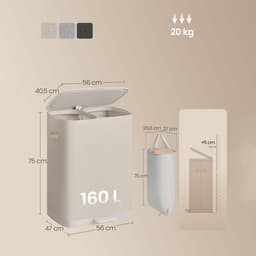Wasmand Opvouwbare wasmand voor vuile was Grote inhoud van 160 liter Twee gescheiden vakken+afneembare waszakken+deksel tegen geurtjes en handvat aan de onderkant Stevig frame Waterafstotend en gemakkelijk te reinigen 56 x 47 x 75 cm Beige — thumbnail 2