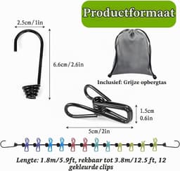 Draagbare Waslijn - Veelkleurig - 180-300 cm - Elastische Reiswaslijn met 12 Klemmen - Voor Kamperen en Thuisgebruik — thumbnail 4