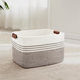 Geweven wasmand van katoenkoord, 45L, opbergmand met leren handvatten, mand voor dekens, kleding, speelgoed, wasmand voor kinderkamer of woonkamer, 45x35x27 cm, wit en donkerbruin — thumbnail 1