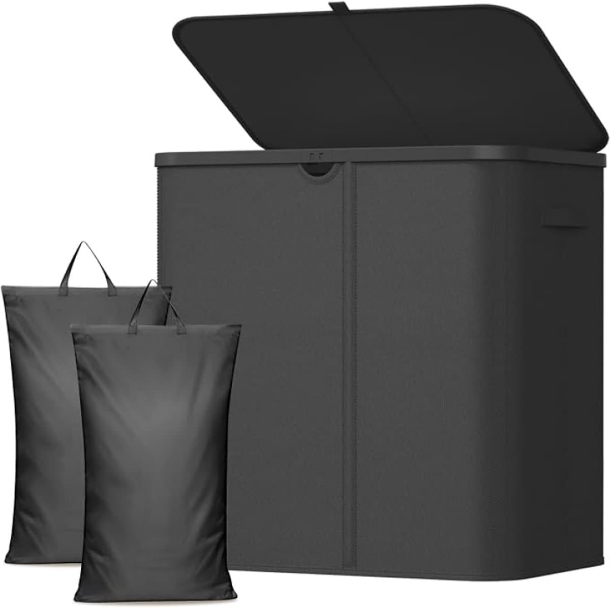 Wasmand 2 Vakken met Deksel, Grote Opvouwbare Wasmand met Uitneembare Zakken, Laundry Basket voor Badkamer, Slaapkamer en Wasruimte, 145L, Zwart — afbeelding 1