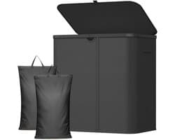 Wasmand 2 Vakken met Deksel, Grote Opvouwbare Wasmand met Uitneembare Zakken, Laundry Basket voor Badkamer, Slaapkamer en Wasruimte, 145L, Zwart