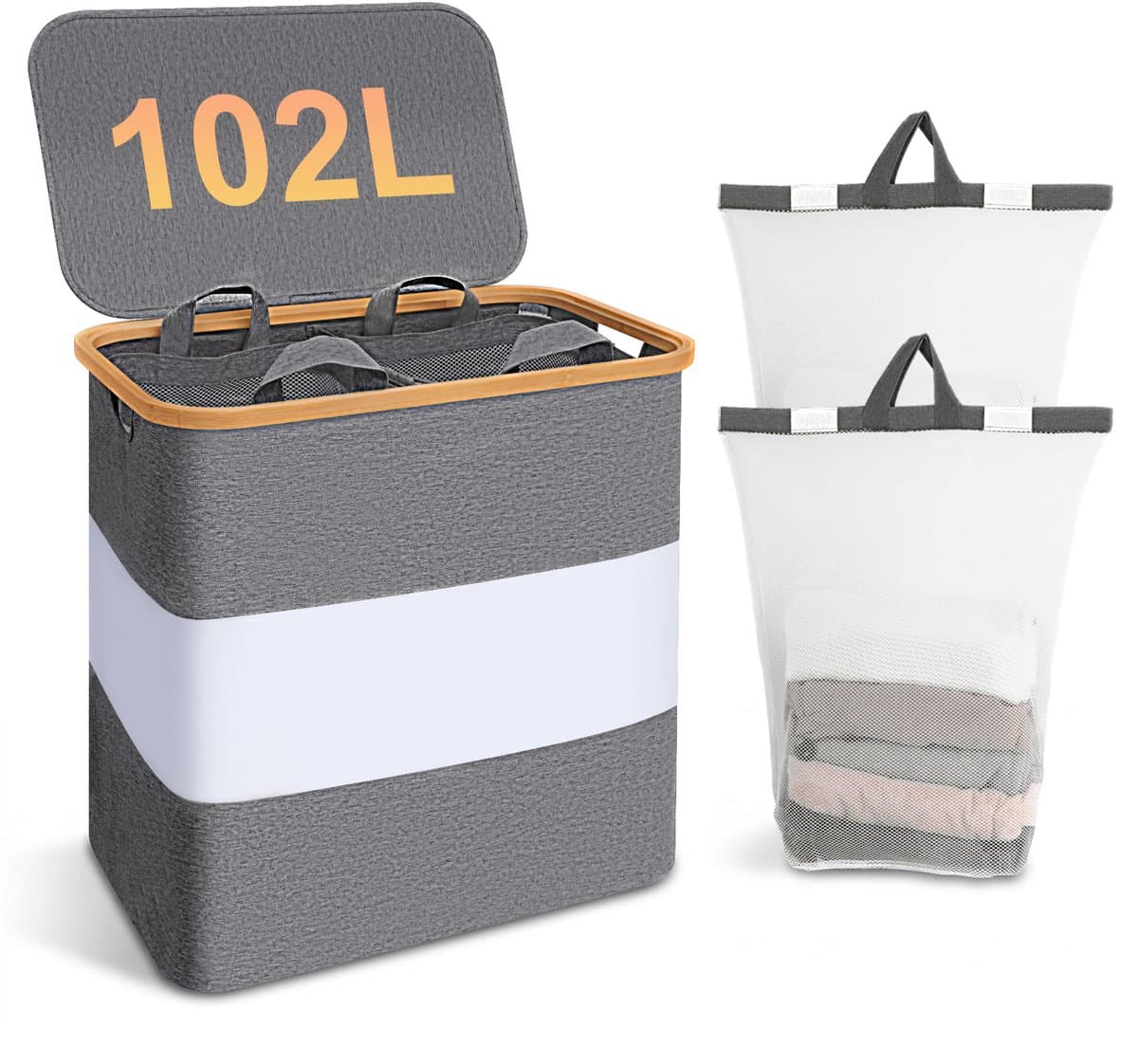Arvioo-Wasmand-102L-2 vakken-met deksel-bamboe rand-grijs — afbeelding 1