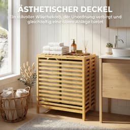 Bamboe wasmand met deksel - 2 manden - Opvouwbaar - 64 liter - Naturel en crèmewit — thumbnail 5