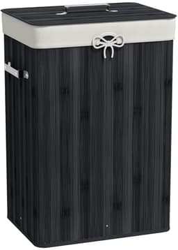 Wasmand met deksel - Canvas waszak - Bamboe - Opvouwbaar - 72 liter - Zwart - 40 x 30 x 60 cm — thumbnail 1