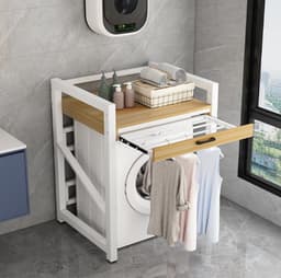 Livista Wasmachinerek - Wasmachine kast - Badkamerrek – Ruimtebesparende Wasmachine Organizer – Stalen Frame – 3 Hoogtestanden – Water-, Kras- en Hittebestendig Werkblad – Antislip Voetjes – Uitschuifbare Hangstang - 200 kg Draagvermogen - Wit/Hout — thumbnail 5
