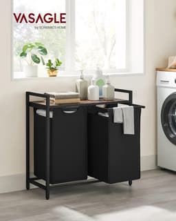 VASAGLE - Wasmand - Wasmand met 2 uittrekbare en verwijderbare zakken - Wamandmeubel - Plank - Metalen Frame - 2 x 46 liter - 92 liter totaal - 72x73x33 cm (HxBxD) Inktzwart en Rustiek Bruin UBLH201B01 — thumbnail 3