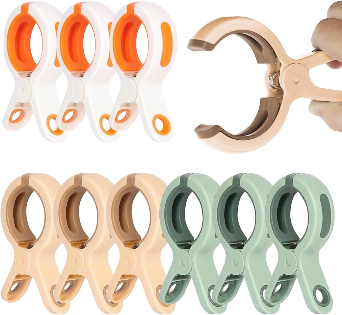 9 stuks - Strandlakenklemmen - windschermclip - wasknijper - grote klemmen - handdoekclips - grote plastic wasknijpers - sterke strandknijpers - modieuze wasknijpers - voor quilts, handdoeken, dekens, lakens - 10.6*6 cm - groen, roze, wit — afbeelding 1