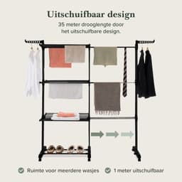 Jubbly® – Uitschuifbare Droogtoren – Inklapbaar Wasrek – Uitgerust met Wieltjes – 4 Verdiepingen – 35 meter Drooglengte – 40 kilo Draaggewicht – Wastoren Staand – Droogrek op Wielen - Zwart — thumbnail 3