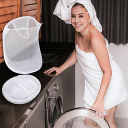 1 stuks – Opvouwbare wasmand voor aan de muur – Hangende wasmand – Wasmand van gaas voor aan de muur – Ademend – Met handvat – Wit – 30*40*18 cm – Geschikt voor kleding en speelgoed – Geschikt voor badkamers, campings en hotels — thumbnail 3
