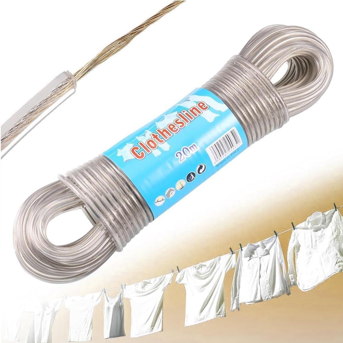 Washing line met staal kern - extra sterk - scheurvast - roestvrij - outdoor waslijn - capaciteit 120 kg - ideaal voor tuin - kamperen - reis waslijn. — afbeelding 1