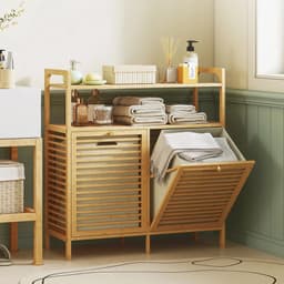 Bamboe Wasmand - Wasmand - 2 Vakken - Wassorteerder - Bamboe Wasmeubel - 37L per Vak - Afneembare Zakken - 82 × 33 × 88 cm (l×b×h) — thumbnail 2