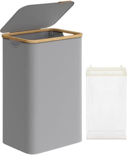 SONGMICS - Wasmand met deksel - 90L wasmand - Oxfordstof en bamboe handgrepen - opvouwbaar - 42 x 32 x 70,5 cm - grijs — thumbnail 1