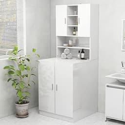 Wasmachinekast met opbergruimte - Badkamermeubel met 9 opbergvakken en 2 deuren - Hoge opbergkast voor wasmachine en toilet - Hoogglanzend wit — thumbnail 1