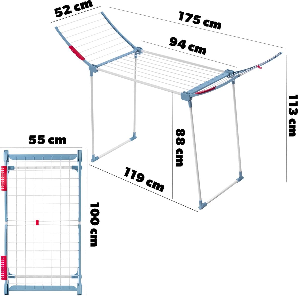 KADAX Droogrek met 18 m drooglengte, stabiele vleugeldroogdroger van roestvrij staal, inklapbaar, met antislip voeten, voor beddengoed en kleding, gemaakt in de EU (wit/blauw) — afbeelding 1