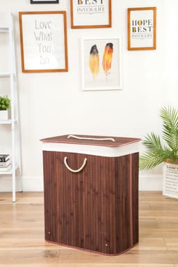 Decopatent Bamboe Wasmand - Dubbele Wasmand met deksel - Opvouwbaar - 110 L - Bruin — thumbnail 5