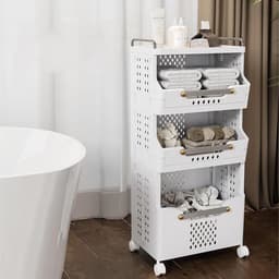 Inklapbare stapelbare wasmand met wielen - rollende waswagen karren - plastic wasmand met handgrepen - vuile kledingmand houder - opvouwbare wasbak - 3 lagen — thumbnail 1