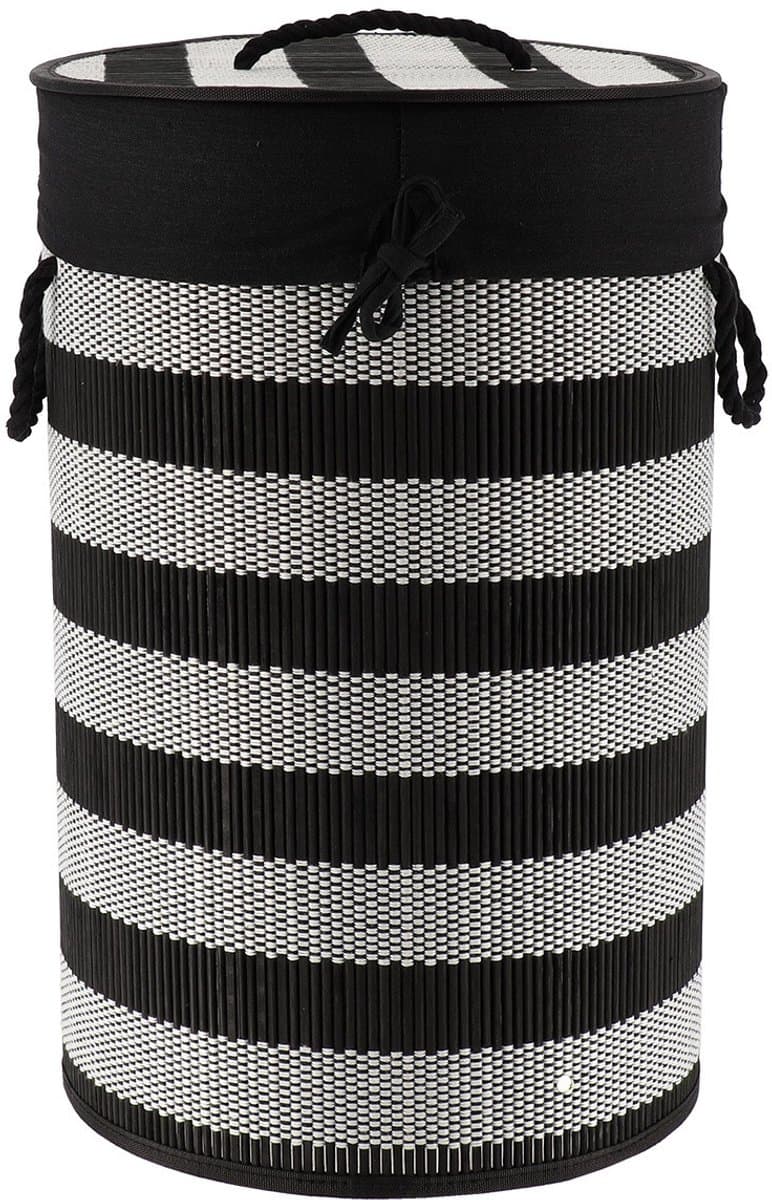 Tendance Wasmand Rustic met deksel bamboe - zwart/wit - rond - katoen/bamboe - 67 liter - 35 x 35 x 55 cm — afbeelding 1