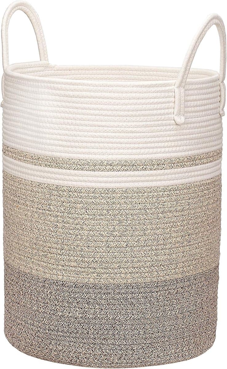 Hoge wasmand, grote wasmand van gevlochten touw met handgrepen, 50 cm x 38 cm, dekenmand, speelgoedmanden, wasmanden, ideaal voor woonkamer, kinderkamer en slaapkamer — afbeelding 1