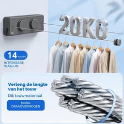 Dubbele Intrekbare Waslijn - Grijs - 2 x 5,2 m - Roestvrij Staal - Voor Binnen en Buiten — thumbnail 5