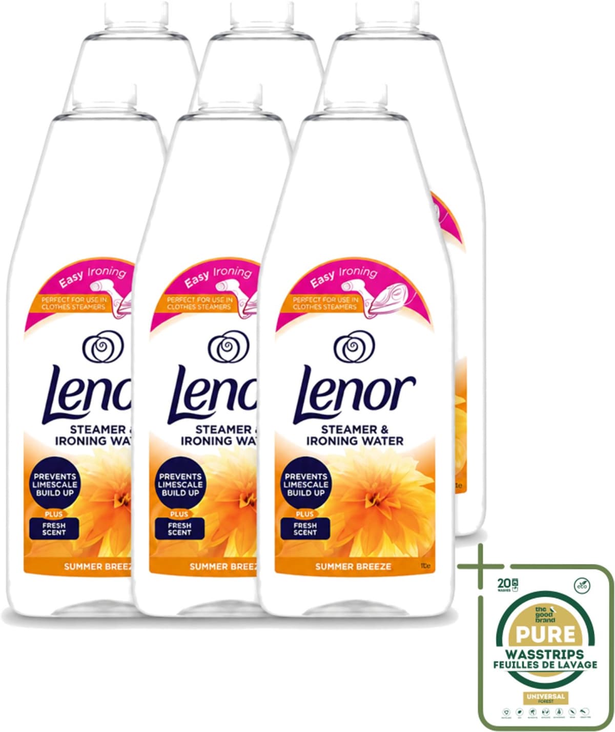 6 x Lenor - Strijkwater - Summer Breeze - Textielverfrisser - 1000 ml - Wasstrips - Strijkwater Summer Breeze - Textielverfrisser - Zomerse Geur - Frisheid - Kledingverfrisser — afbeelding 1
