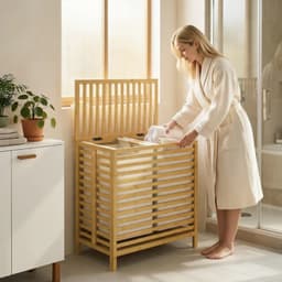 Bamboe wasmand met deksel - 2 manden - Opvouwbaar - 64 liter - Naturel en crèmewit — thumbnail 3