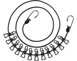 Draagbare waslijn, waslijn met 12 wasknijpers, elastische waslijn voor op de camping, eenvoudig en draagbaar, voor kamperen, reizen, buiten, vakantie, balkon, (zwart)