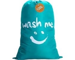 Grote 120L Waszak met Trekkoord, Stofdichte Wasmand voor Thuis, Studentenhuis en Reizen, Blauw