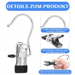 Dailygoods- Kleerhanger 20 stuks - Antislip Kledinghanger - Draagbare Wasknijpers - Roestvrij Staal - 360° Draaibare Haak - Verstelbare Rubberen Clip — thumbnail 3
