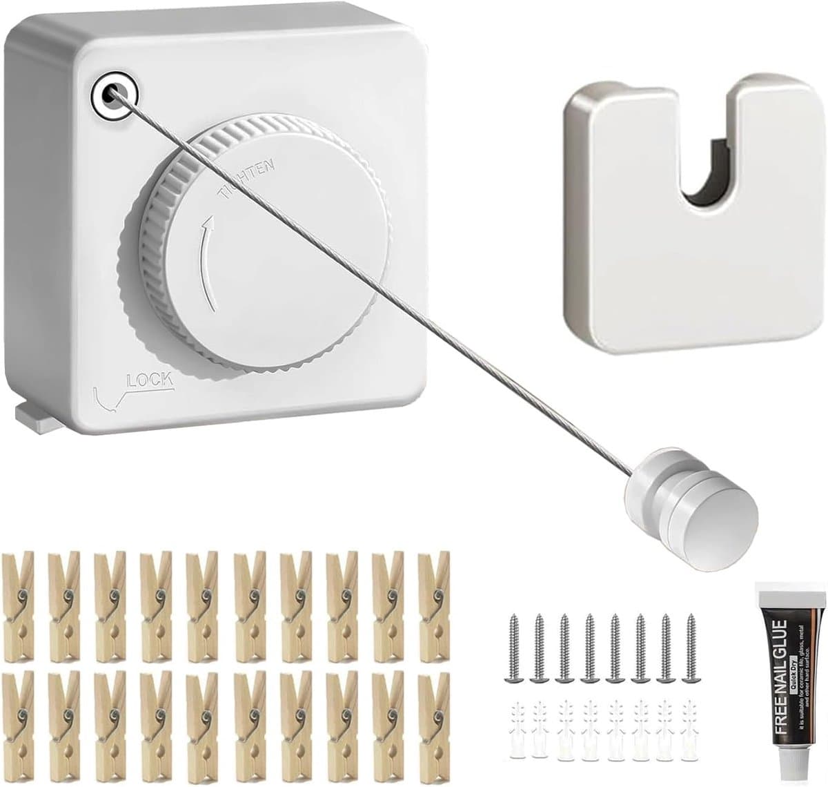 5,1 m uittrekbare waslijn, roestvrij staal, wandmontage, wit | Zware belastbaarheid, niet doorhangen, voor balkon, badkamer, hotel en wasruimte — afbeelding 1