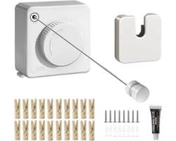 5,1 m uittrekbare waslijn, roestvrij staal, wandmontage, wit | Zware belastbaarheid, niet doorhangen, voor balkon, badkamer, hotel en wasruimte