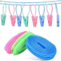 3 stuks waslijn 8 m antislip en winddicht nylon waslijn draagbare waslijn met 2 stuks roestvrijstalen haken hek-achtige touw waslijn voor opknoping kleding buiten (3 kleuren) (blauw) — thumbnail 5