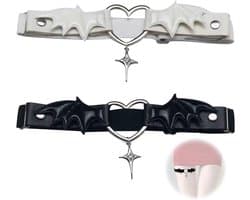2 stuks kousenband voor dames, PU-leer, punk, hart, vleugels, met hanger, verstelbaar, ring voor gothic, cosplay, Halloween, carnaval, feestaccessoires (zwart, wit)