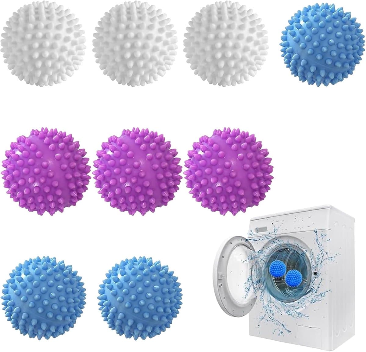 9 stuks drogerballen voor wasdroger, drogerballen, droogballen, herbruikbare droogballen, droogbal, wasbal voor wasmachine, droger ballen voor thuiskleding (blauw, wit, paars) — afbeelding 1
