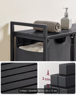 Wasmand 3 Vakken, Wasverzamelaar met Plank, Wasdoos, Oxford Doek Waszak Afneembaar, Metalen Frame, 3 x 38 L, 92.5 x 33 x 72 cm, Vintage Zwart-Grijs — thumbnail 3