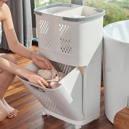 Wasmand, Plastic Wasmand met Wielen en Handvat, Draagbare Rollende Wasmanden 3 Verwijderbare Opbergboxen voor Badkamer, Wasruimte en Kast — thumbnail 3