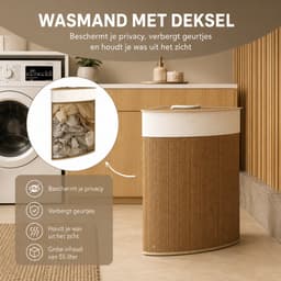 Noventra - Wasmand - Hoek Wasmand - Bamboe Wasmand met Deksel - 55 Liter - Uitneembare Waszak - Ruimtebesparend - Bruin — thumbnail 4