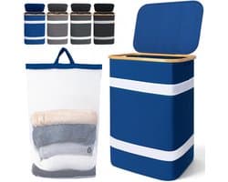 Soontrans - Wasmand - Wassorteerder met Deksel - 44x34x70cm - Uitneembare Waszakken - Bamboe-lijst - Afneembaar - 102L - Blauw